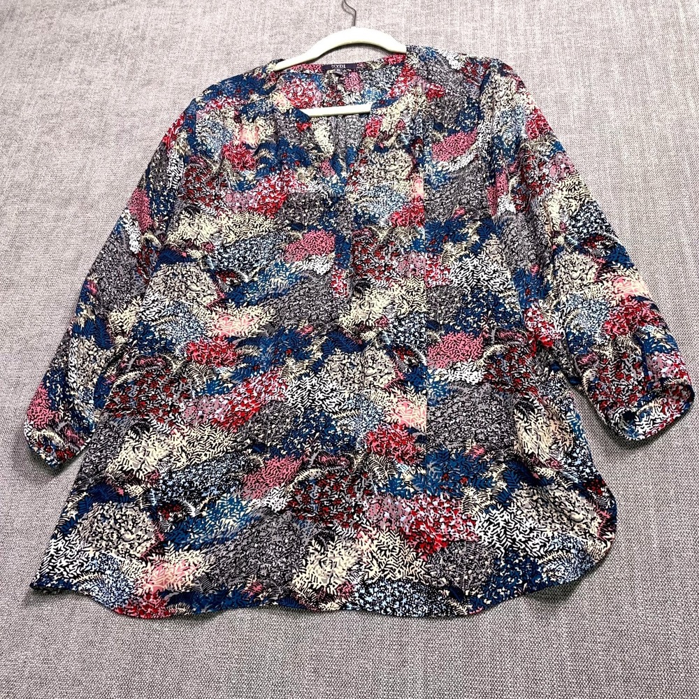 NYDJ Pintuck Blouse Womens XL Multicolor Abstract 3/4 Sleeve V-Neck Top
